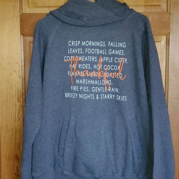 Enza Graphic Fall Graphics "Thankful" Sz XL Gray Unique Collared Hoodie w Pocket - Picture 2 of 7